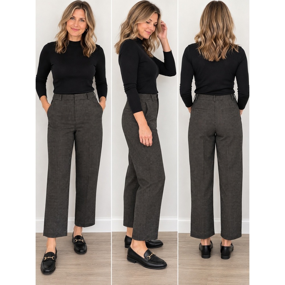 Ann Taylor Wool Blend Straight Leg Trousers Black Tan Geometric High Rise Size 4
